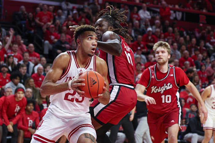Indiana Hoosiers forward Trayce Jackson-Davis (23) drives to the basket as Rutgers Scarlet Knights center Clifford Omoruyi (11) defends in front of guard Cam Spencer (10) during the first half at Jersey Mike's Arena.